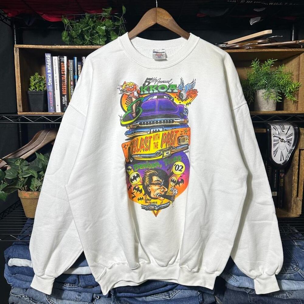 Vintage Y2K Blast With The Past Car Show Crewneck 2XL White Cartoon Sweatshirt